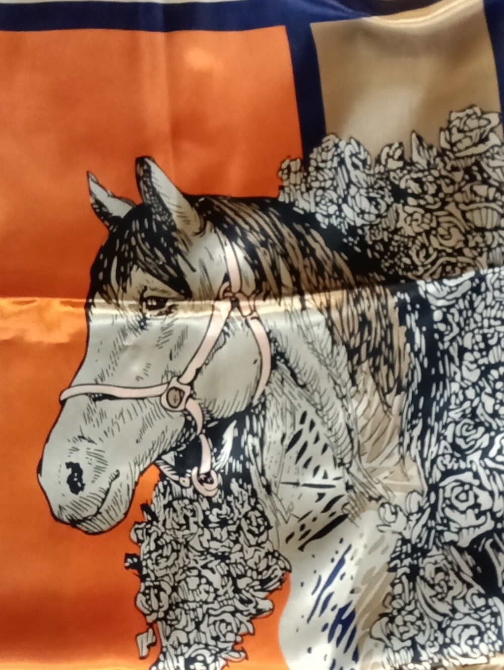 Equestrian Horse Print Silk Scarf in Orange, Navy & Cream